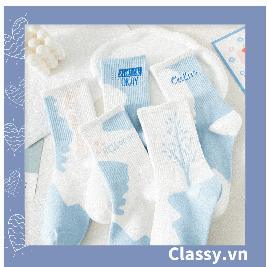 Tất cổ cao Classy,  vớ cổ cao màu xanh trắng, chất cotton êm chân G1354