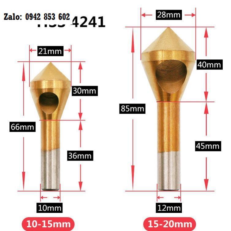 BỘ 4 MŨI DOA LỖ KIM LOẠI HSS 4241 ĐẦU NÓN LỖ PHAY XIÊN PHỦ TITANIUM