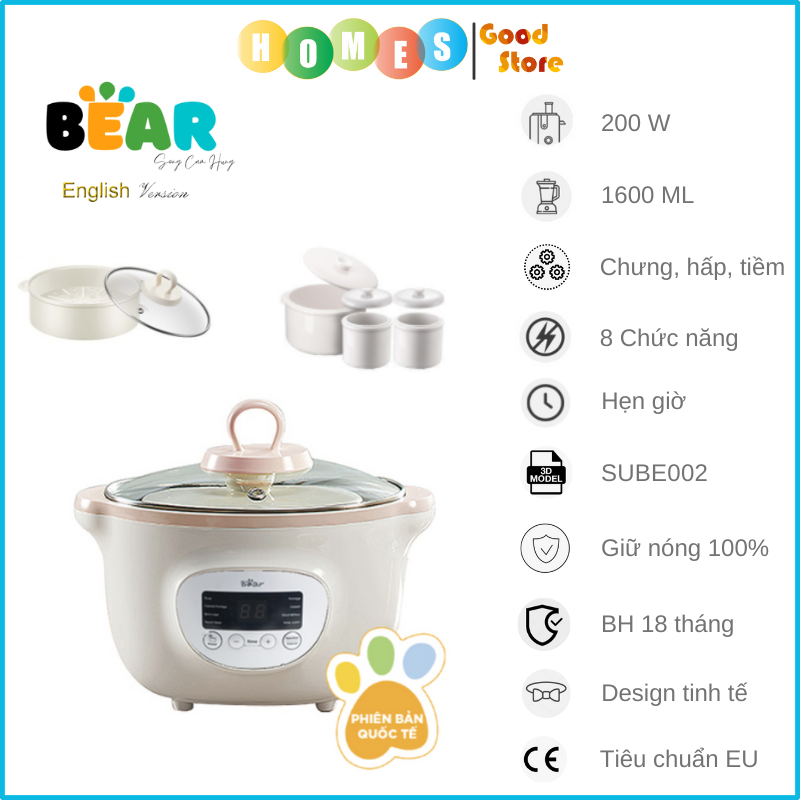 Nồi Chưng Cất Yến, Tiềm Thuốc Bắc BEAR SUBE002 Dung Tích 1.6 Lít Công Suất 200 W - Hàng Chính Hãng