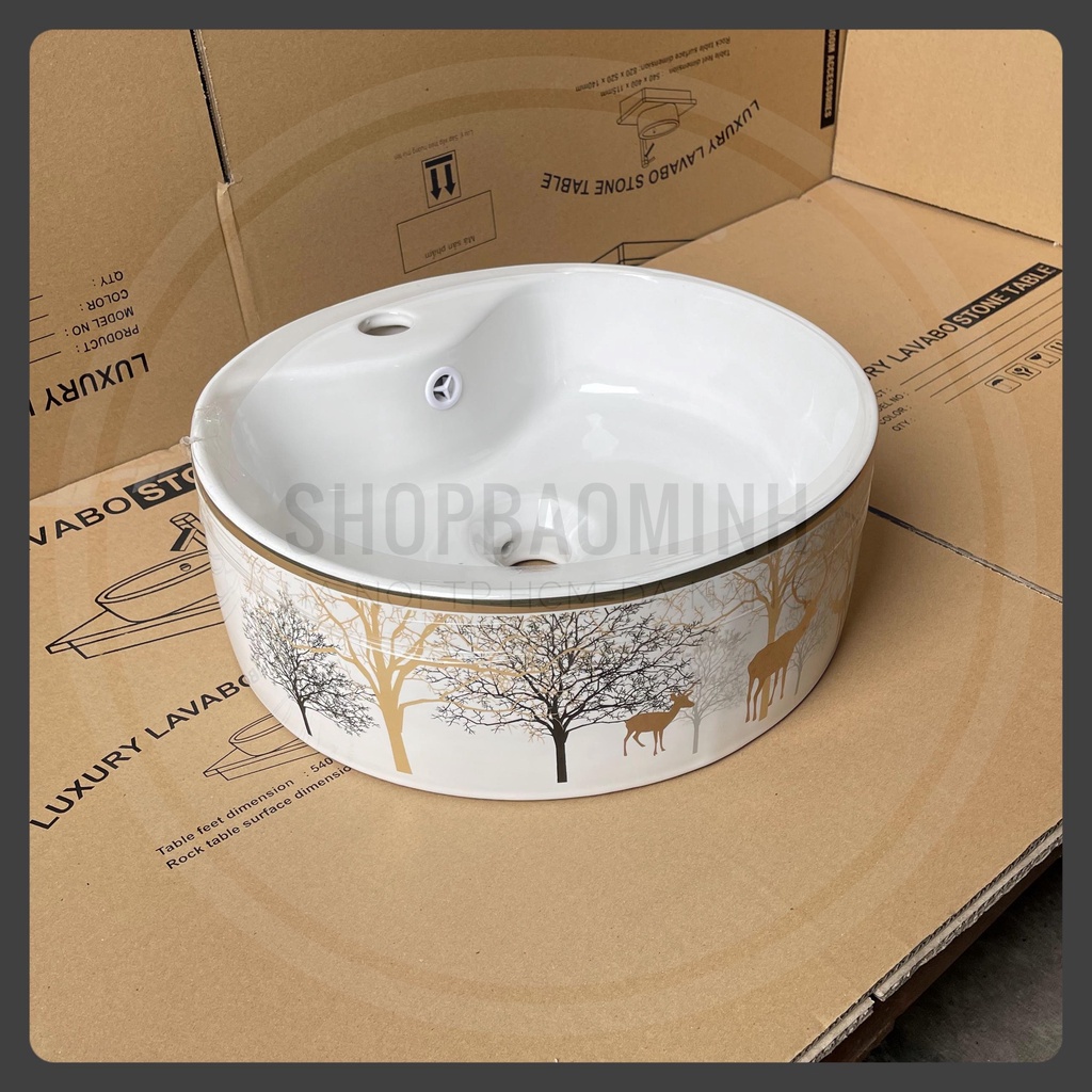 Chậu rửa mặt lavabo AQ227, có họa tiết xung quanh, Hình tròn, sâu, màu trắng