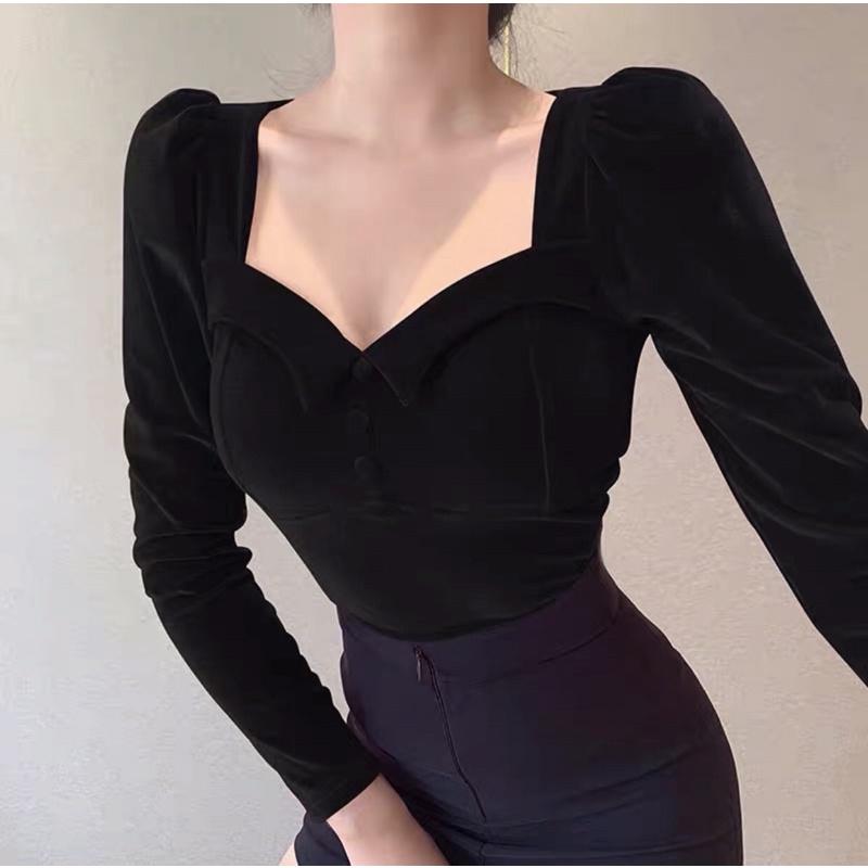 Áo nhung dài tay cổ vuông cúp ngực T0260