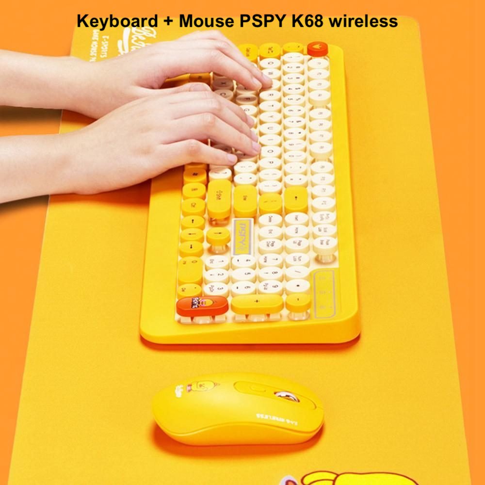 Combo Phím + Chuột PSPY K68 Cute không dây màu Vàng, Xanh, Đen, Keyboard Bluetooth văn phòng đẹp, chơi game chất lượng cao