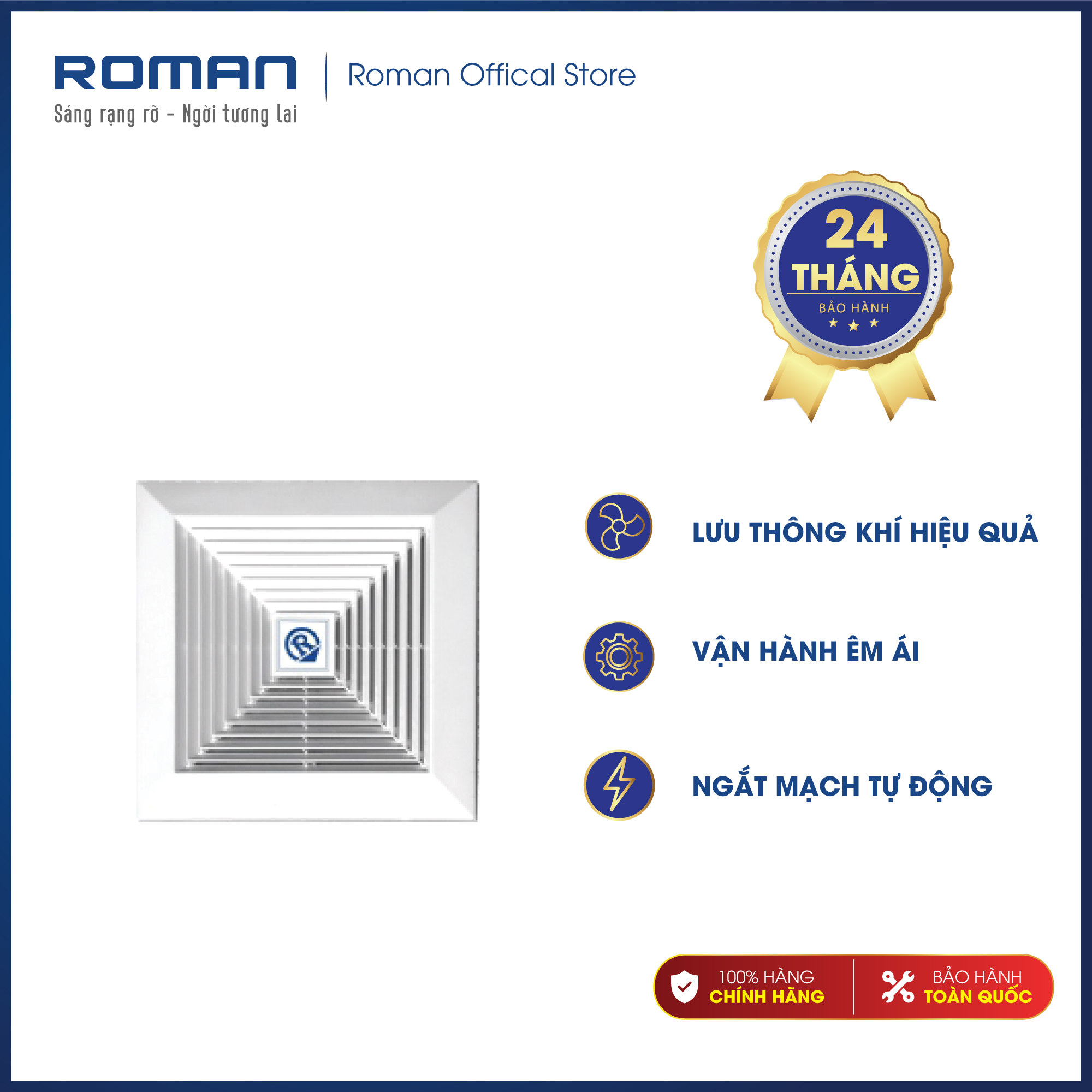 Quạt hút âm trần chính hãng Roman sải cánh 25cm - Hút mùi hút nhiệt hút ẩm hiệu quả với lưu lượng gió cao độ ồn thấp RCF25T