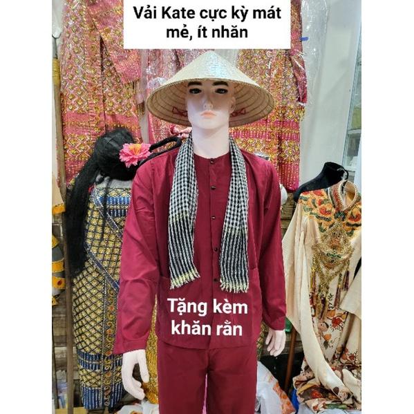 (Có sẵn) Trang phục bà ba nam màu đỏ đô vải Kate Silk cao cấp thoáng mát, ít nhăn - Tặng kèm khăn rằn