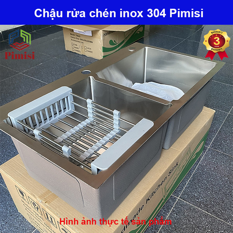 Chậu rửa bát inox 304 Pimisi đúc 2 hố cân, lệch - kích thước 7843-8245 cm đầy đủ xi phông dùng để rửa chén bát gắn được cả âm bàn đá | Hàng chính hãng