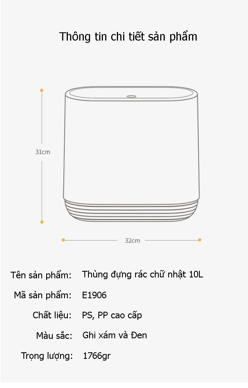 Thùng Rác Chữ Nhật 10L - Nắp Nhấn - Kiểu Dáng Sang Trọng, Hiện Đại - Chất Liệu ABS Cao Cấp - 2 Màu Nhã Nhặn - Hàng Chính Hãng