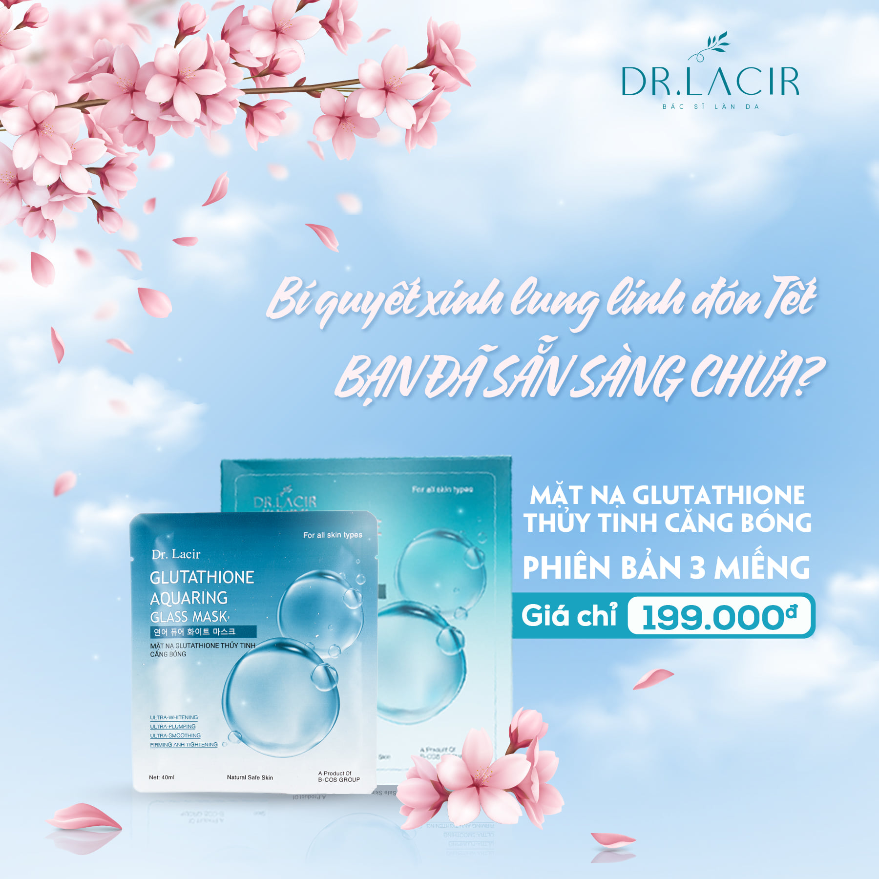 Mặt Nạ Glutathione Thuỷ Tinh Căng Bóng, Trắng Da, Mờ Nám, Giảm Nhăn - Dr. Lacir - Chính Hãng Hàn Quốc Khóa M
