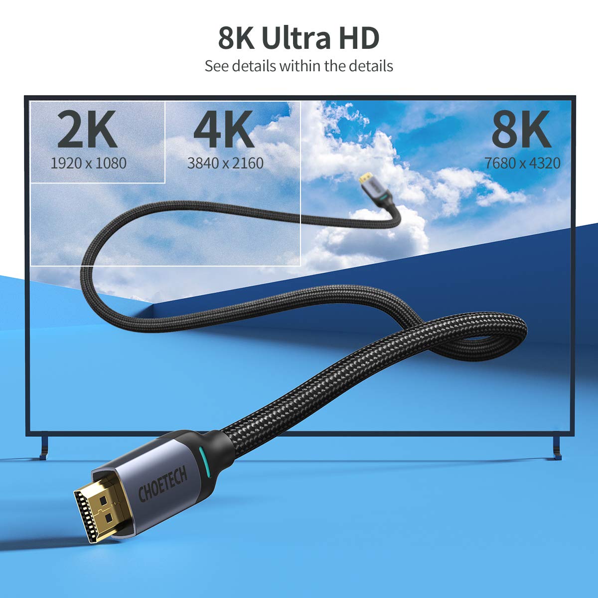 Dây Cáp Dù Lõi HDMI 2.1 8K 48Gbps, 4K 165Hz Dài 2M CHOETECH XHH01 Dùng Cho Tivi/ Máy Tính/ Playstation - Hàng Chính Hãng