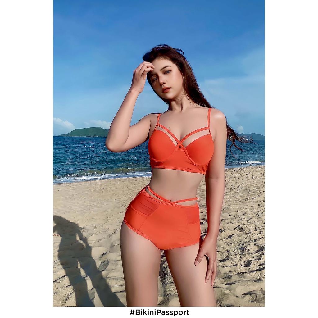 Đồ bơi NỮ BIKINI PASSPORT kiểu Hai mảnh quần lưng cao phối lưới - màu Cam - BS077_OR