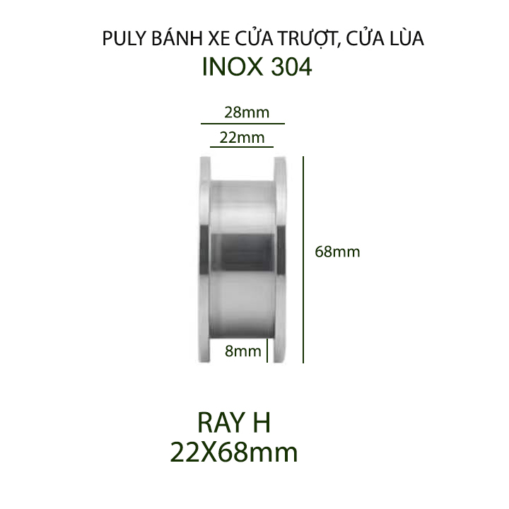 01 Bánh xe cho cửa cổng trượt, cửa lùa bằng inox 304, loại 22x68mm, Hình U, V, H tùy chọn