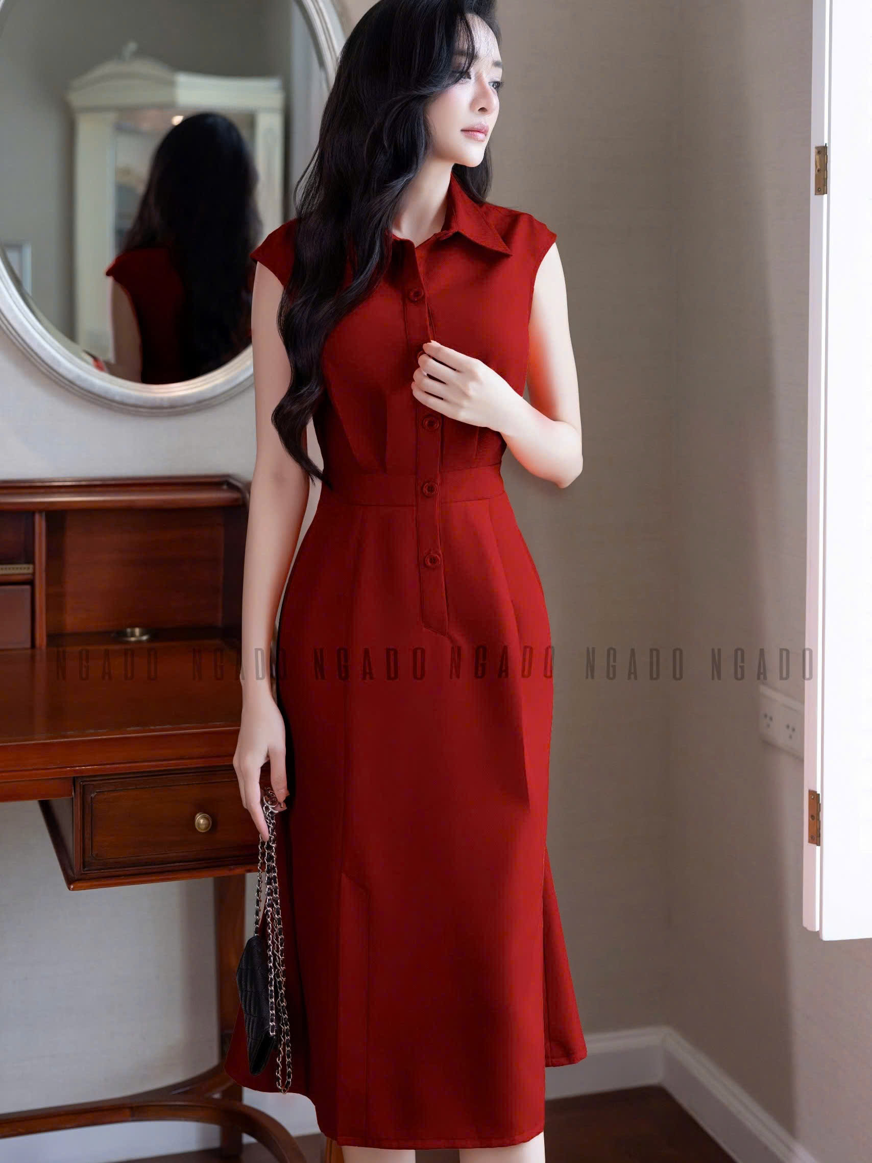 Đầm đỏ eo xếp ly NGADO , đầm kiểu Nữ , đầm công sở , dự tiệc