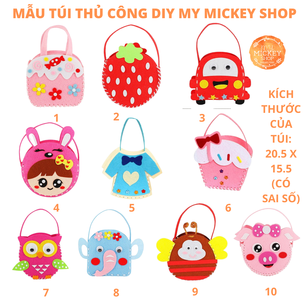 TÚI SÁCH NHIỀU MẪU THỦ CÔNG TỰ LÀM HDY DIY CHẤT LIỆU VẢI DẠ KIM NHỰA  CHO BÉ TRAI VÀ BÉ GÁI MY MICKEY SHOP