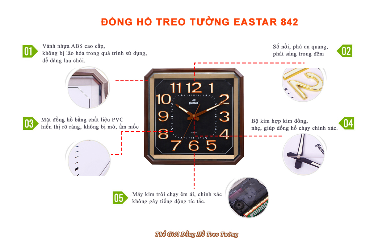 Đồng hồ Eastar Vuông vát góc, Máy kim trôi, có Dạ quang, Mặt số màu Đen