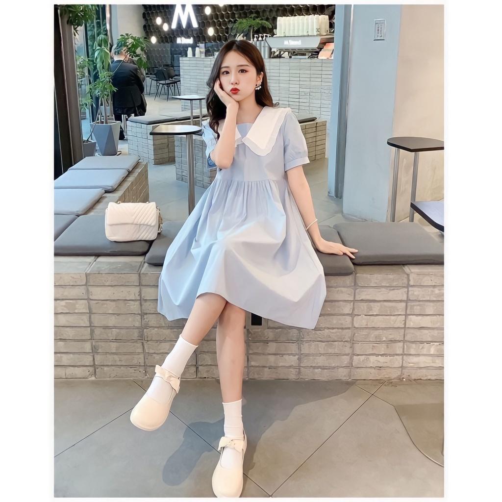 Đầm Nữ Tiểu Thư Xanh Mint Cổ Cổ Sen Phối Màu Cộc Tay Dáng Lỡ