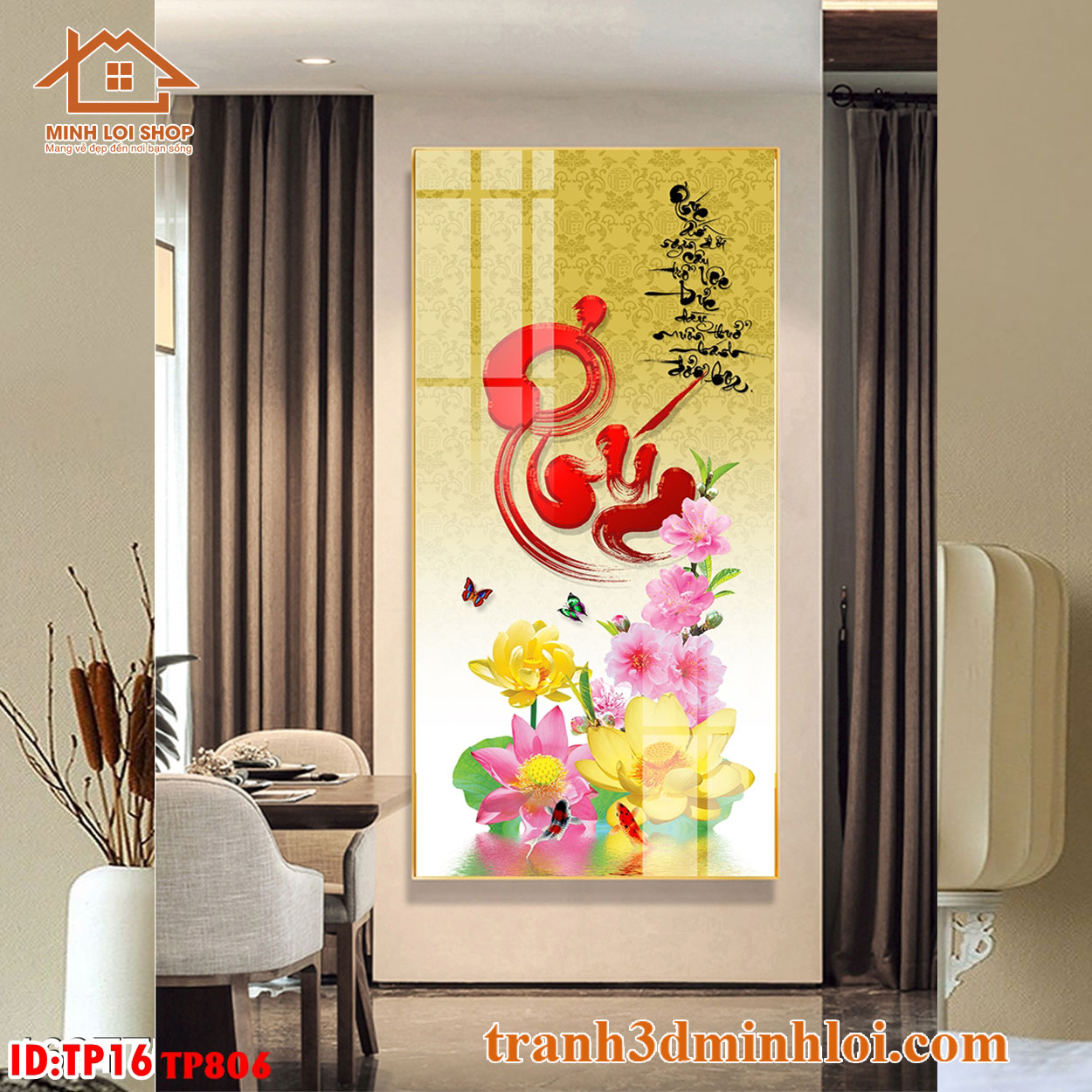 Tranh THƯ PHÁP tráng gương trang trí phòng khách, không gian sống TẶNG KÈM ĐINH TREO TPCM023