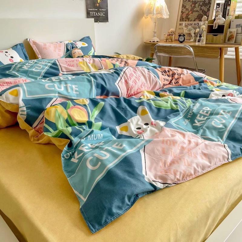 Bộ chăn ga gối cotton poly - Mẫu mèo xanh cute