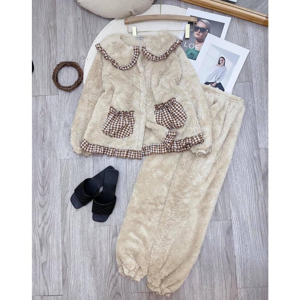 Bộ Pyjama Nữ Cute Vải Lông Cừu Dài Tay