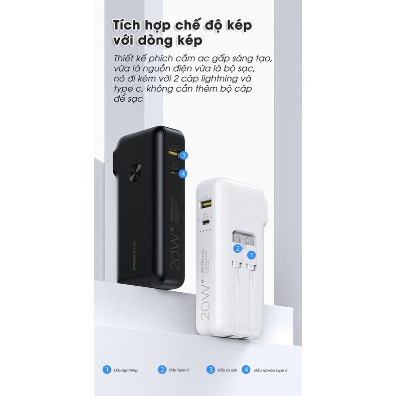 Sạc dự phòng Pisen Quick High Power Box 10000mAh 20W (TS-D310)-Điện bá đạo 9, kèm chân cắm, kèm cáp sạc, Hàng chính hãng