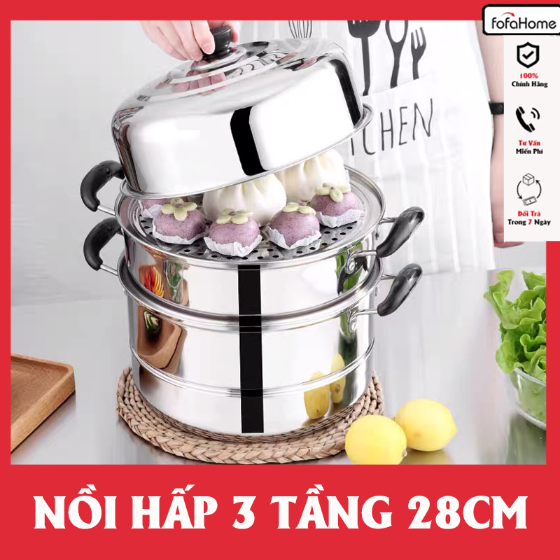 Nồi Hấp Inox 3 Tầng Siêu To Nồi Hấp Bánh Bao Bánh Flan Hấp Thức Ăn 28CM Dùng Cho Cả Bếp Từ Và Bếp Ga Tặng Kèm Xửng Hấp