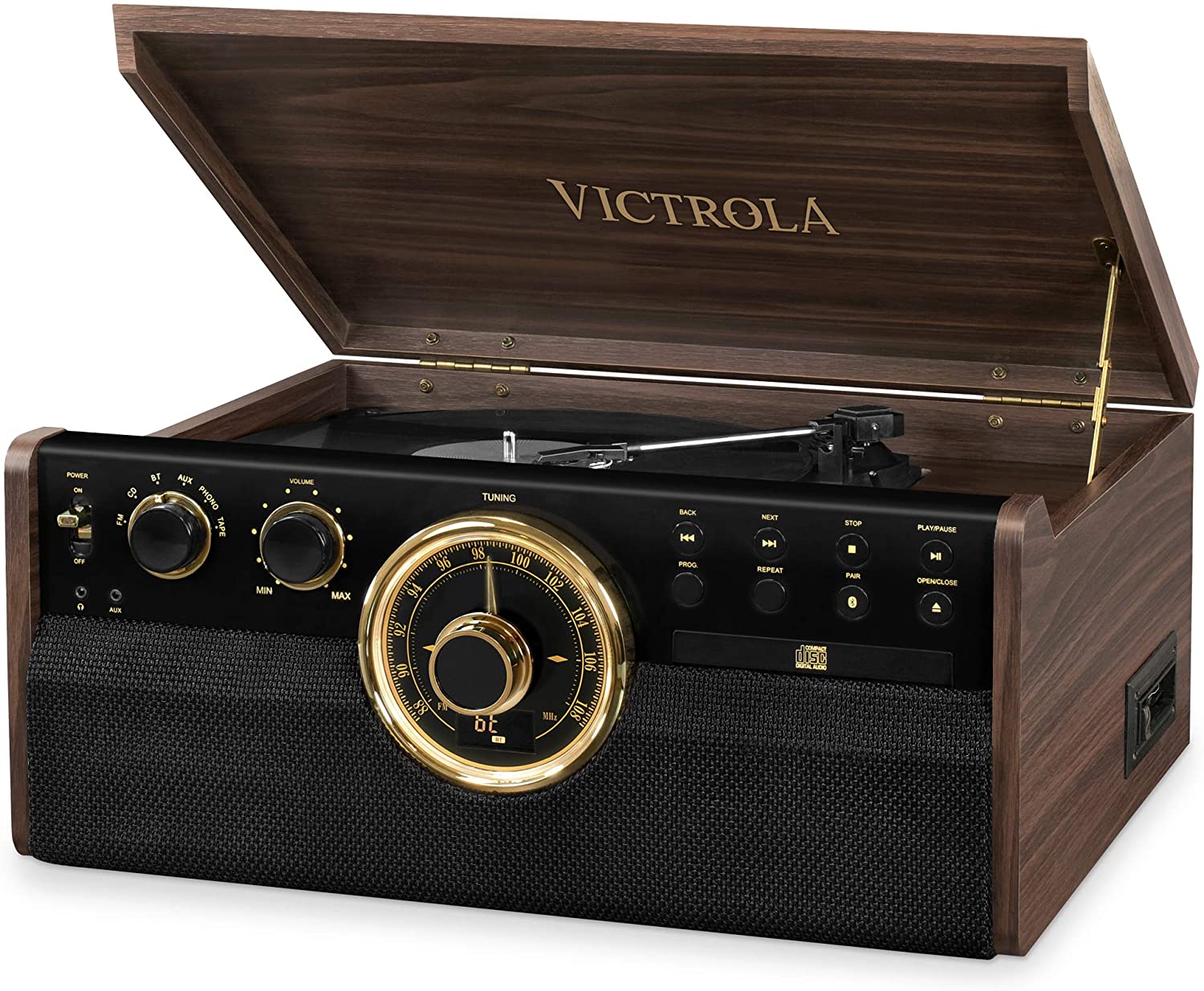 Victrola Empire 6-in-1 Mid Century Modern BT 3- Speed Turntable/CD/Cassett e/Radio - New 100%