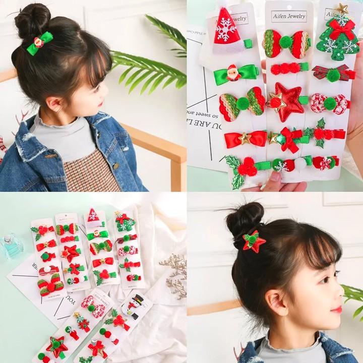 Set 5 kẹp tóc Noel đủ họa tiết đáng yêu màu xanh đỏ chủ đạo thoải mái phối đồ đi chơi Giáng sinh – NOEL004