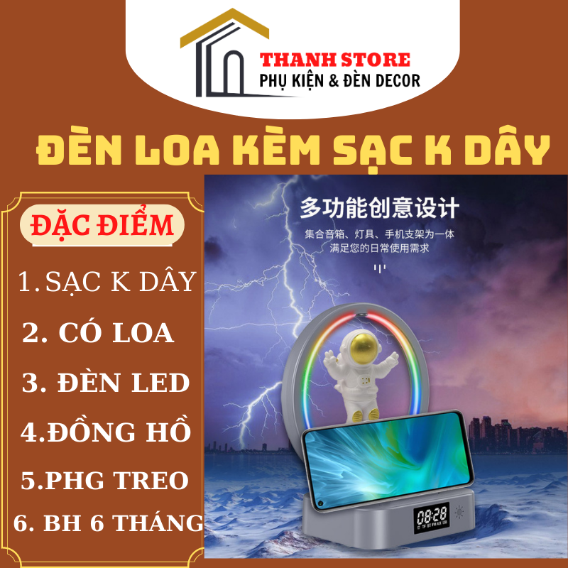 Đèn loa phi hành gia treo lơ lửng kèm sạc không dây , đồng hồ , đèn led nghe nhạc dercor cho mọi không gian làm quà tặng