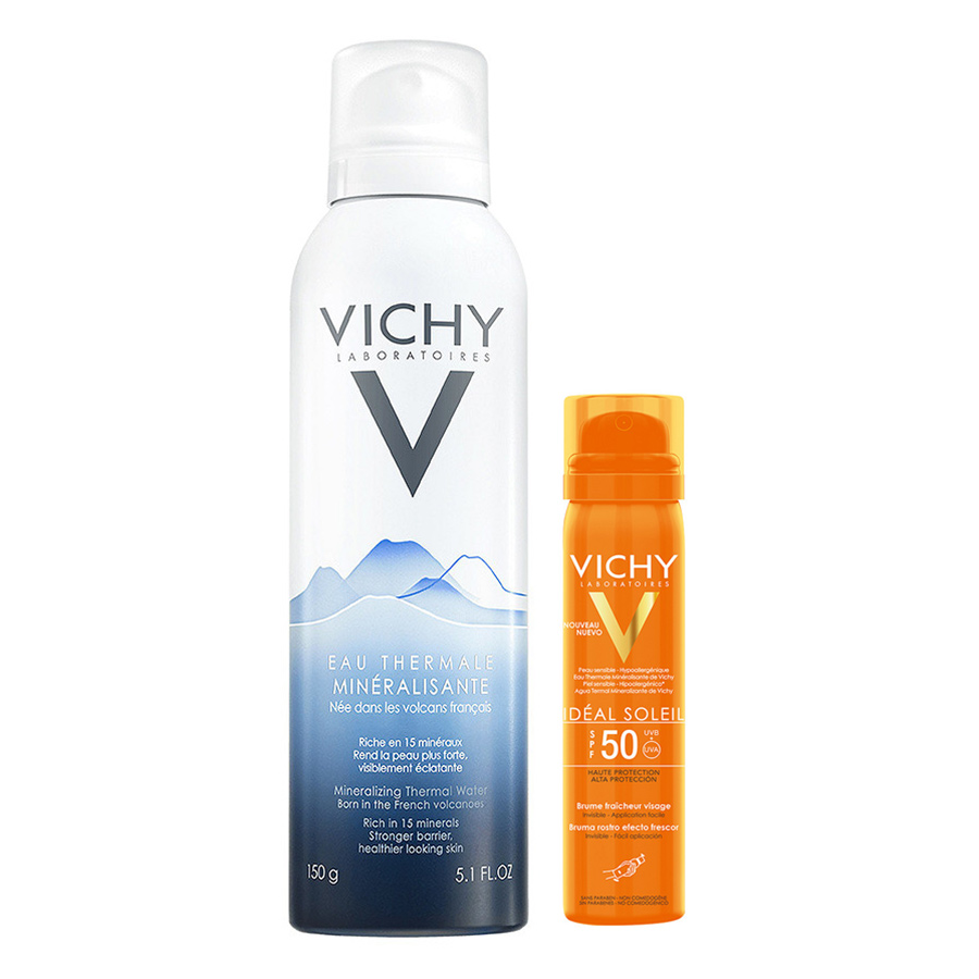 Combo Xịt Khoáng Chống Nắng Giảm Dầu, Khô Ráo &amp; Không Gây Nhờn Rít SPF 50+ UVA &amp; UVB ++++ Vichy (75ml) + Nước Xịt Khoáng Dưỡng Da Vichy (150ml)