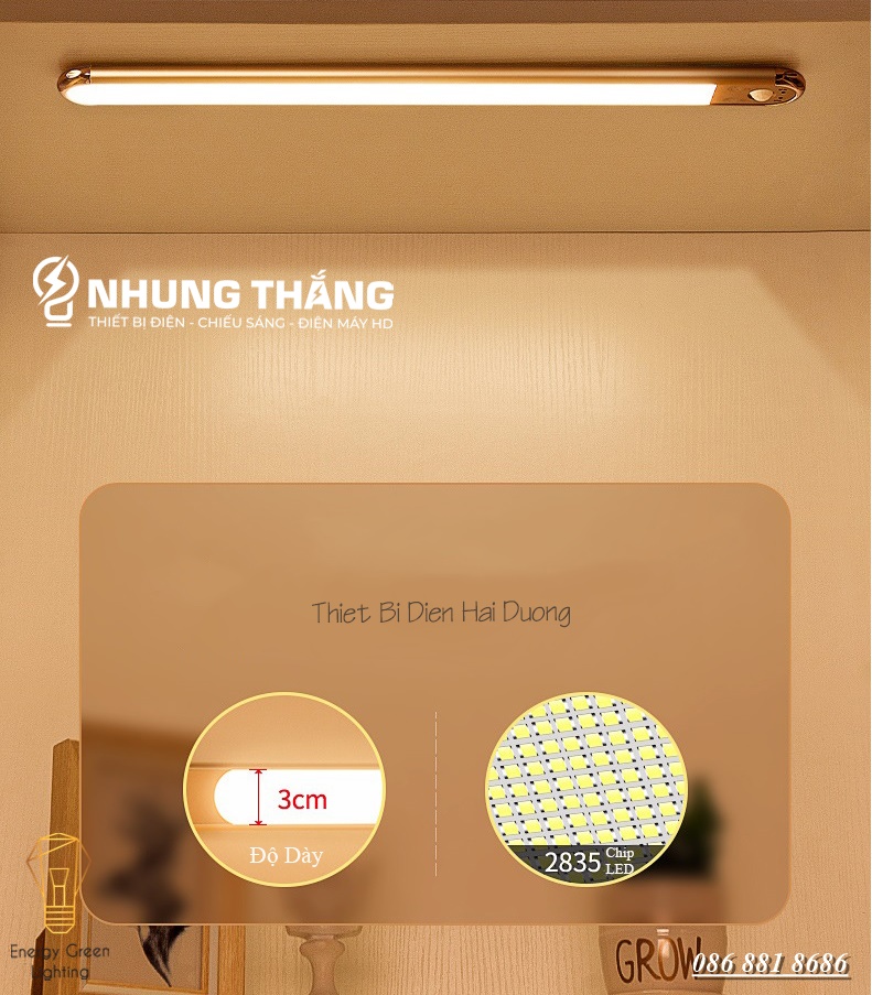 Đèn Led Dán Tủ Cảm Biến Thân Nhôm Cao Cấp WH-L01-GY - 60-80cm- 3 Chế Độ Ánh Sáng - Tăng Giảm Ánh Sáng -Pin Sạc Tích Điện - Có Video