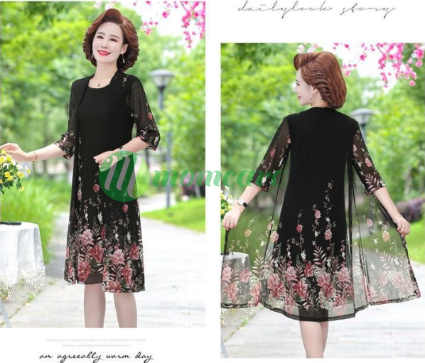 Set váy đầm trung niên nữ đẹp V50, áo đầm dáng dài kiểu thời trang mùa hè, xuân, thu mặc dự tiệc, dạ hội cao cấp sang trọng cho mẹ, cho bà, cho người lớn tuổi trung tuổi dài qua gối U40 U50 U60 U70 giá rẻ đẹp Bigsize, cỡ lớn
