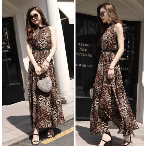 ĐẦM MAXI DA BEO CỔ V KÈM NỊT
