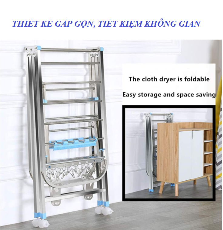 Giá Phơi Quần Áo 3 Tầng Gấp Gọn Tiết Kiệm Không Gian Có Thể Di Chuyển Được Inox 160cm