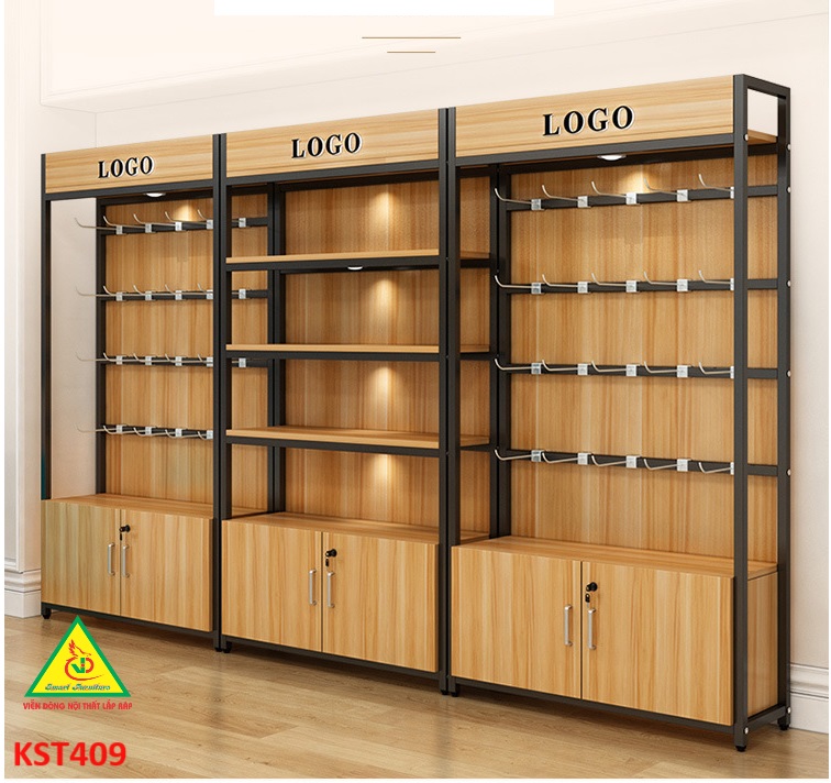 Kệ trưng bày sản phẩm, hàng hóa , kệ trang trí khung sắt mặt gỗ KST409 - Nội thất lắp ráp Viễn Đông Adv