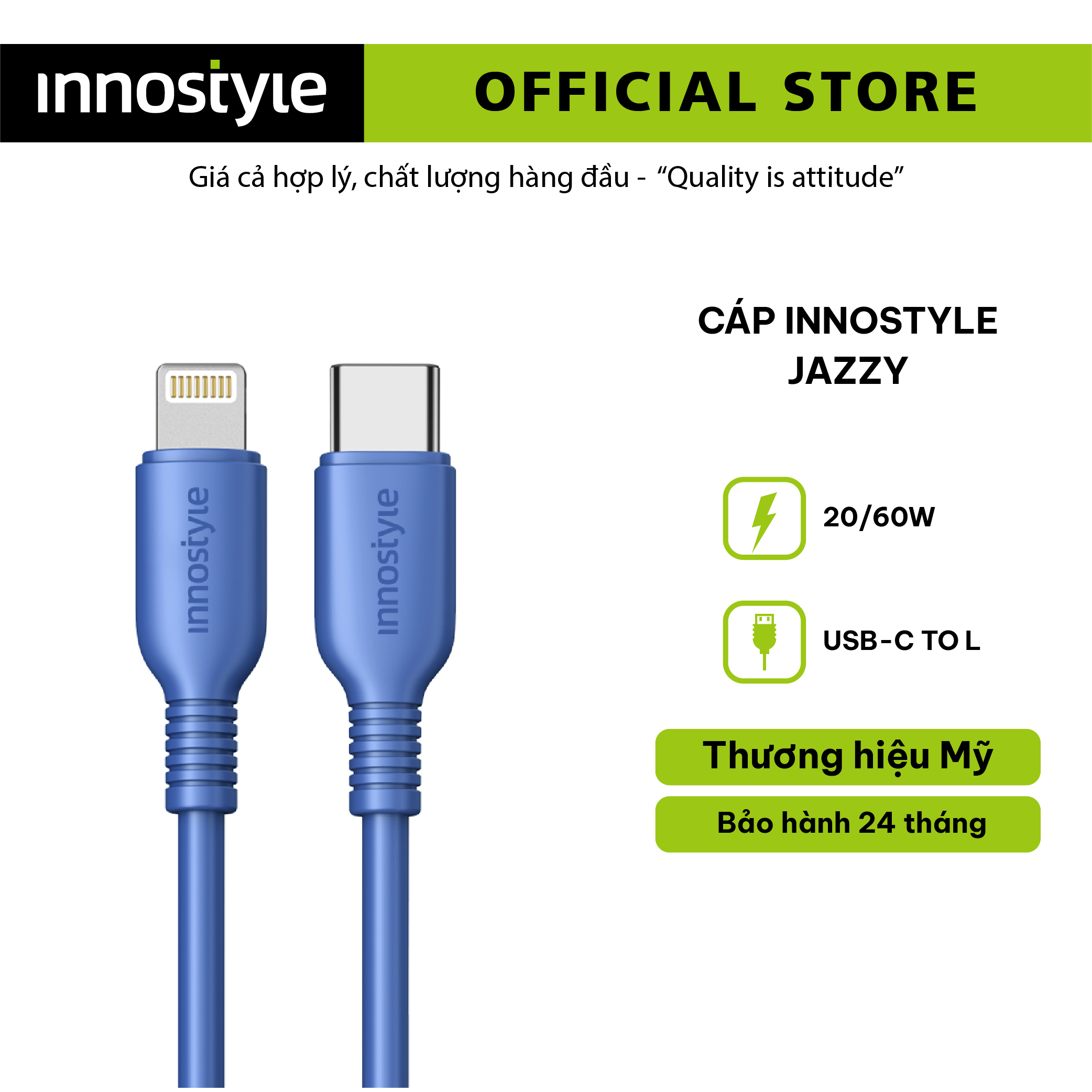 CÁP SẠC NHANH CHO IPHONE INNOSTYLE JAZZY USB-C 20W/60W 1.2M J-ICL120 - HÀNG CHÍNH HÃNG