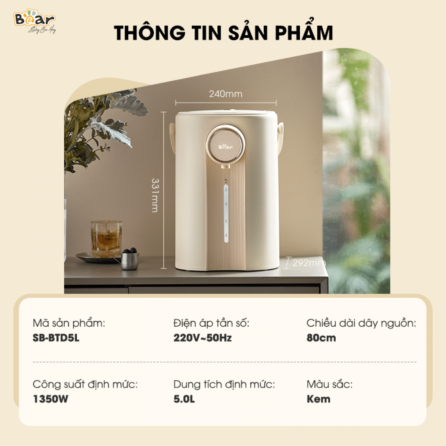 Bình Thủy Điện, Bình Giữ Nhiệt Thông Minh BEAR SB-BTD5L Khử Clo Dung Tích 5 Lít Công Suất 1350 W - Hàng Chính Hãng