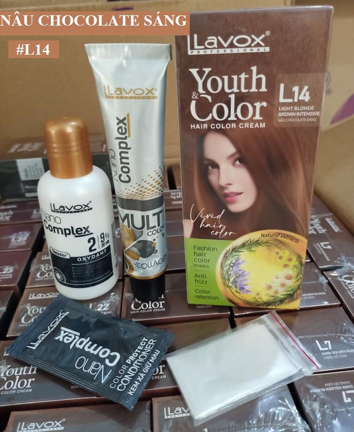 Nâu Chocolate Sáng - Combo 2 Kem Nhuộm Tóc Màu Thời Trang Lavox Youth&amp;Color L14 Nâu Chocolate Sáng + L24 Nâng Tông Màu (Sử Dụng Màu L24 Để Nâng Tông Màu Tóc Trước Khi Nhuộm Màu L14 Nâu Chocolate Sáng)