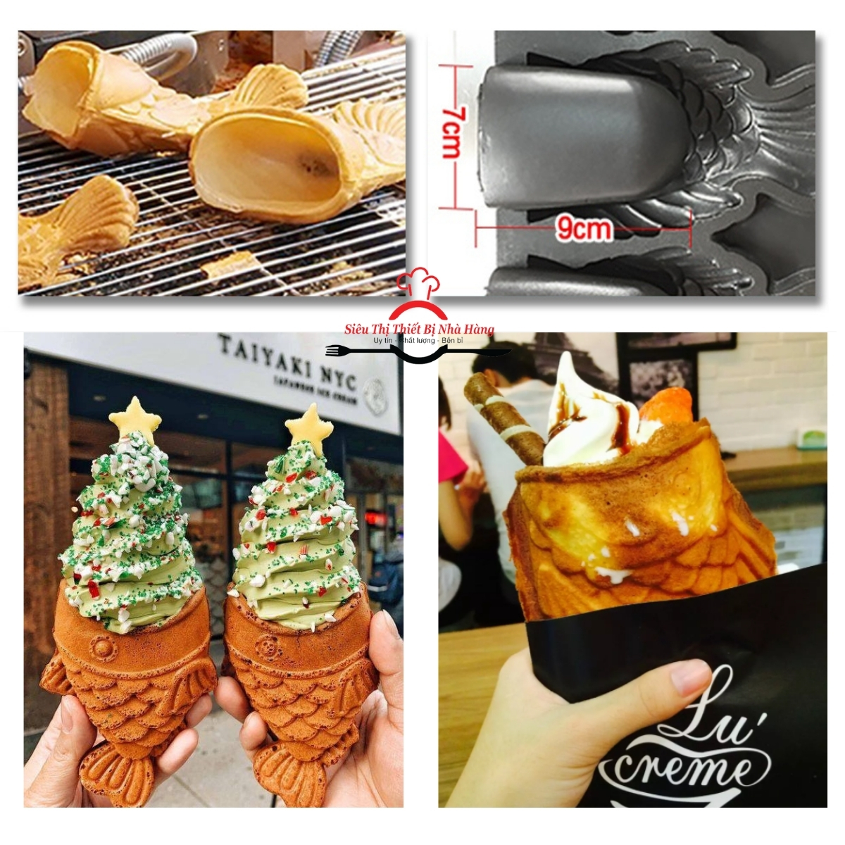 Máy làm bánh cá đựng kem 3 con, bánh hình con cá TAIYAKI đựng kem có mặt máy chống dính, chất lượng