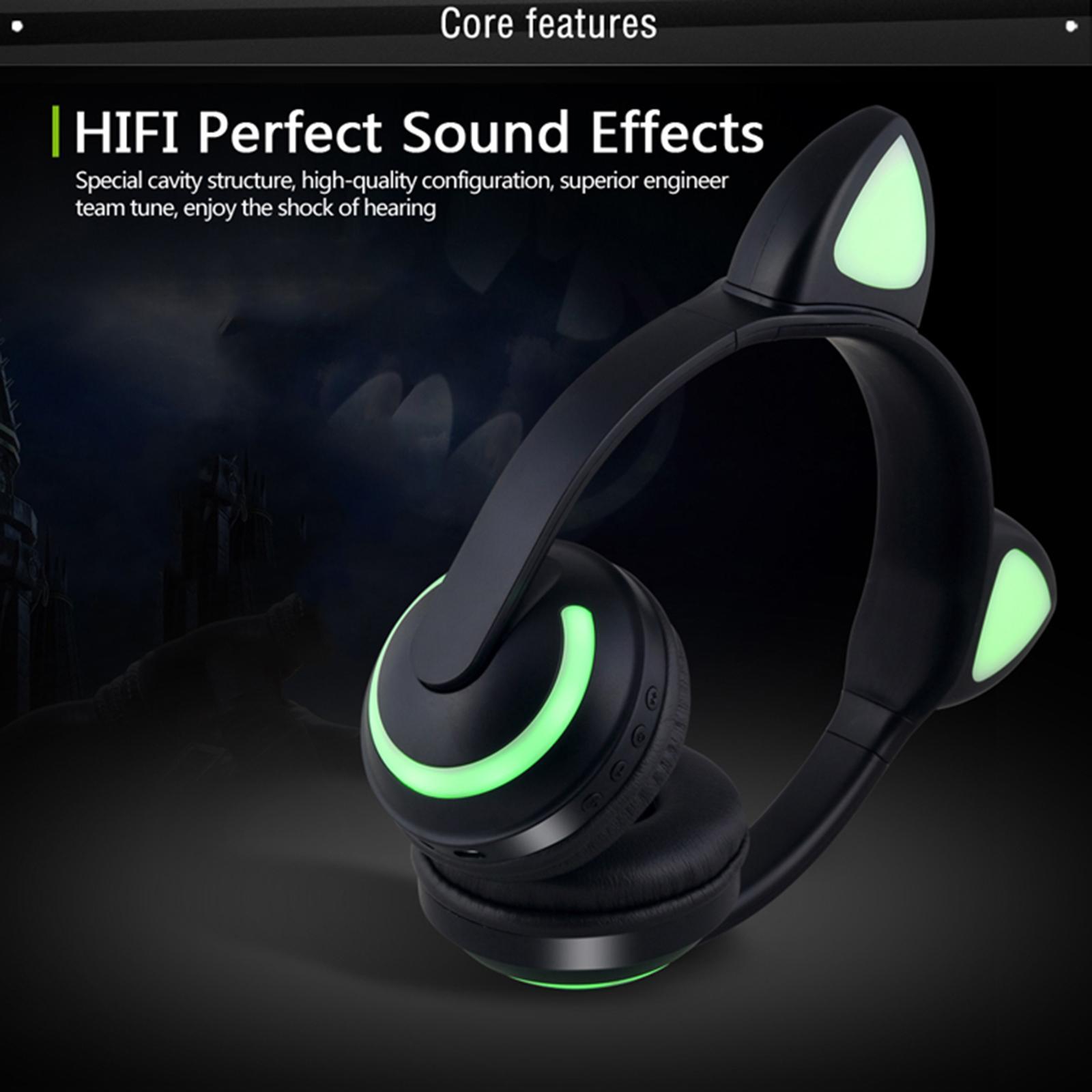 Kids Glowing Cute Cat Ear Wireless Headphones On-Ear Gamer Headsets Black