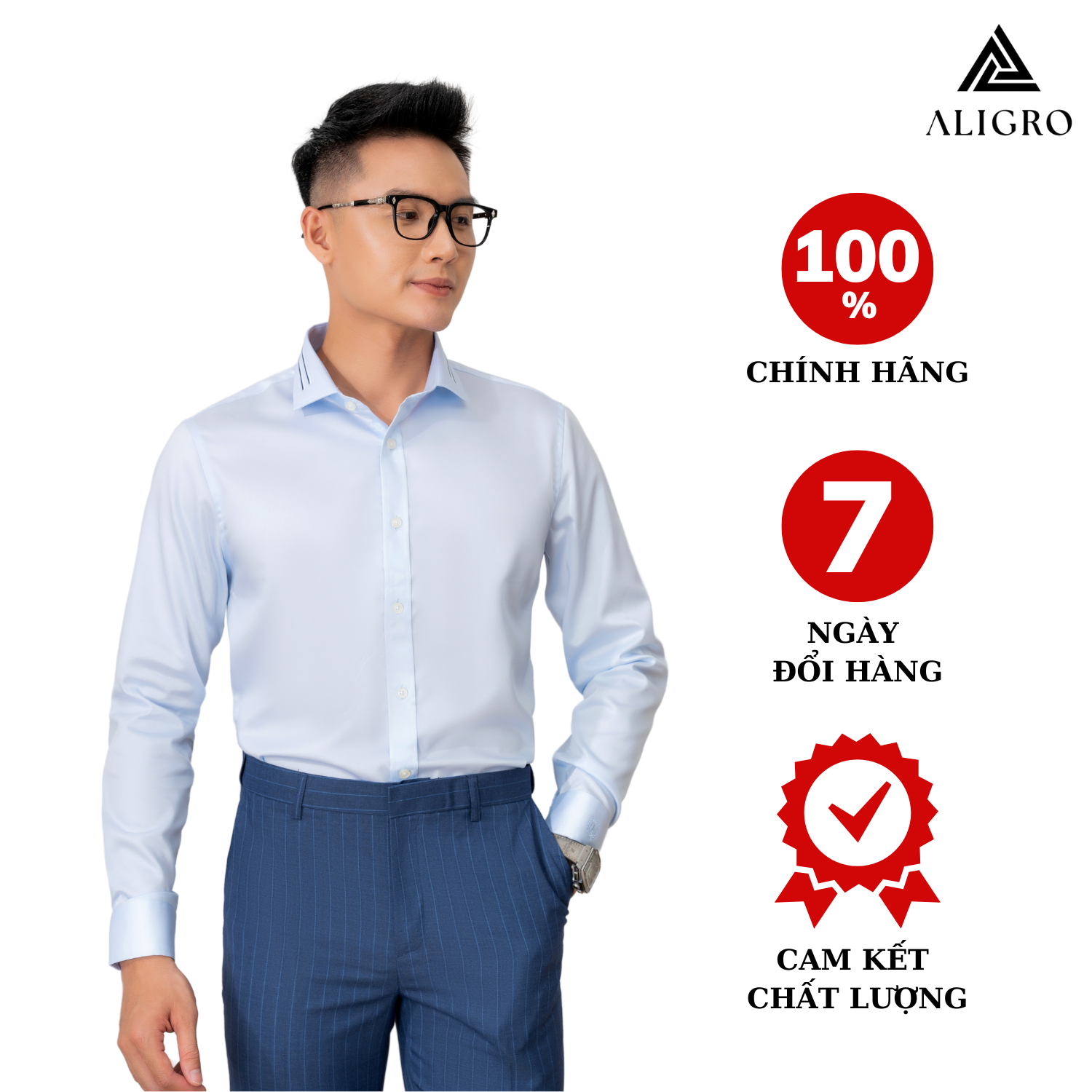 Áo sơ mi nam dài tay ALIGRO cổ bẻ dáng ôm body 100% chất cotton chống nhăn xanh ALGS217