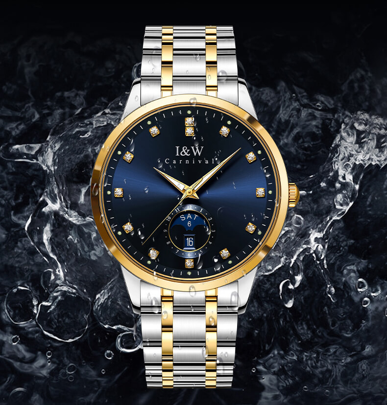 Đồng hồ nam chính hãng I&amp;W Carnival 625G-T2 hàng mới fullbox,kính sapphire,chống xước,chống nước 50m,Bh 24 tháng,máy cơ (automatic),mạ vàng dây thép không gỉ