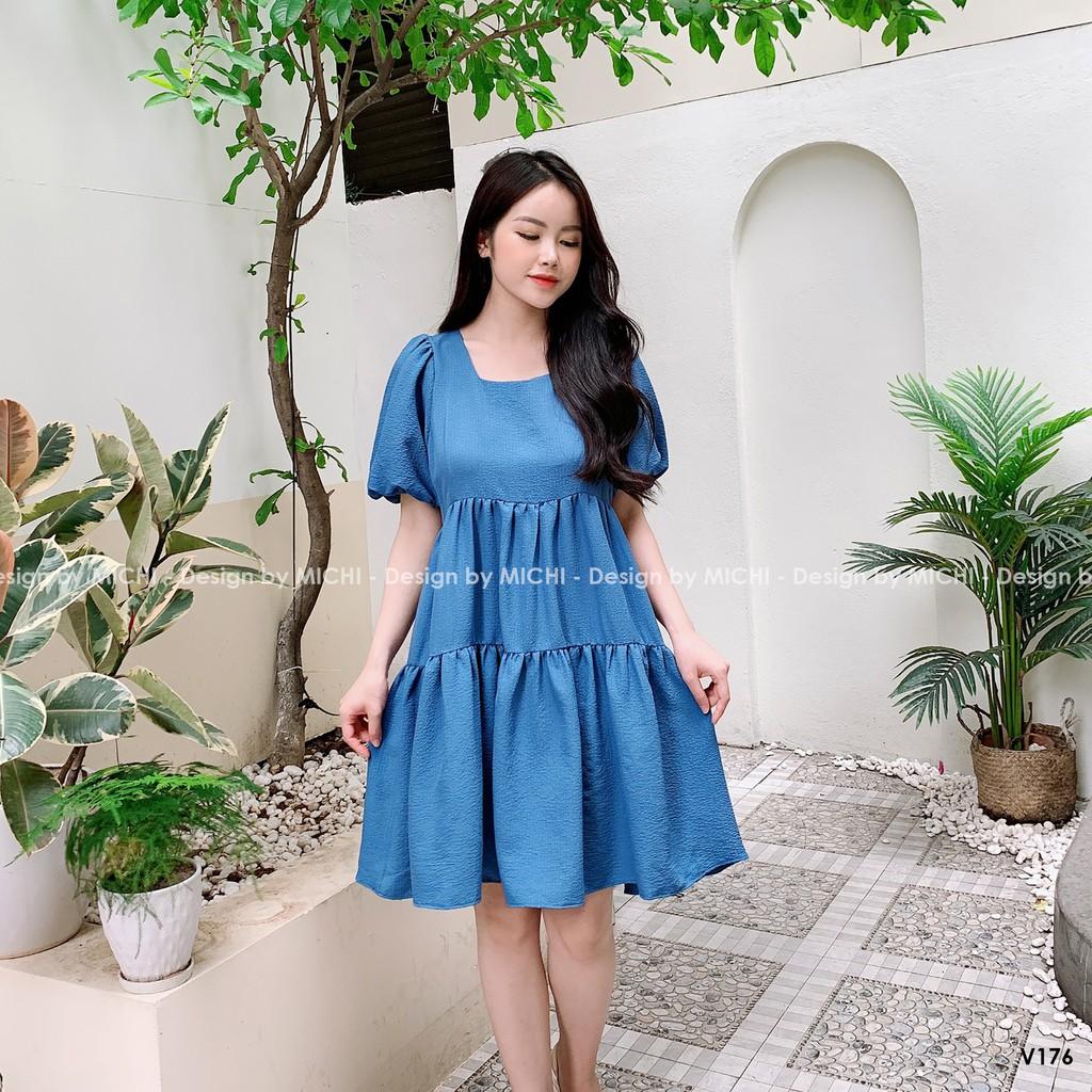 Váy baybydoll 2 tầng, cổ vuông, tay bo phồng, đầm xuông rộng freesize 3 màu mã V176 - Michi's House