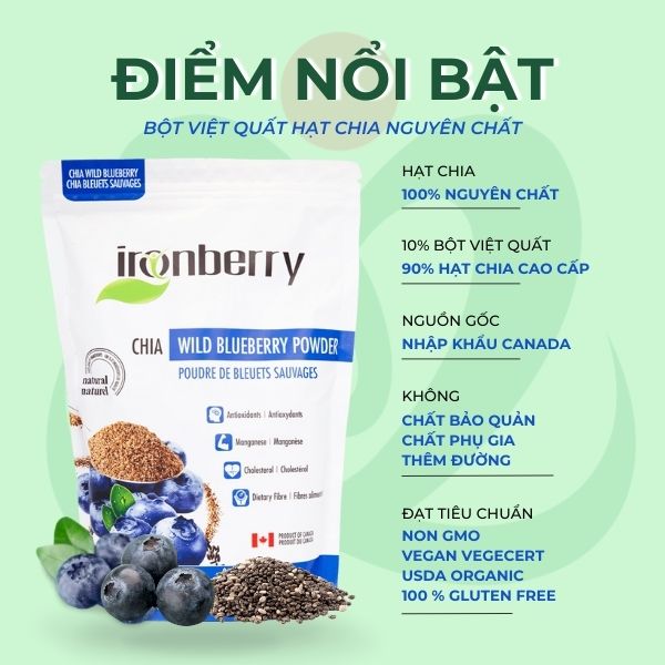 Bột việt quất &amp; hạt chia nguyên chất IRONBERRY thực phẩm thuần chay Không GMO, Không Gluten, Thuần chay, Ăn kiêng Kosher