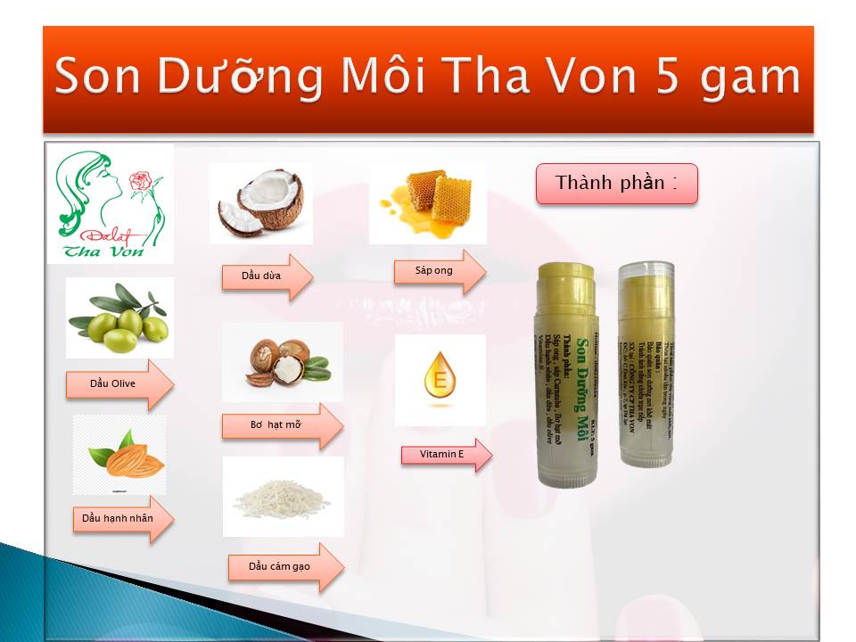 Son Dưỡng Môi Tha Von 5 gam   Giúp dưỡng môi , tái tạo môi bị tổn thương . giảm thâm môi Khắc phục môi nứt nẻ, giữ ẩm cho môi , giúp môi mềm mịn