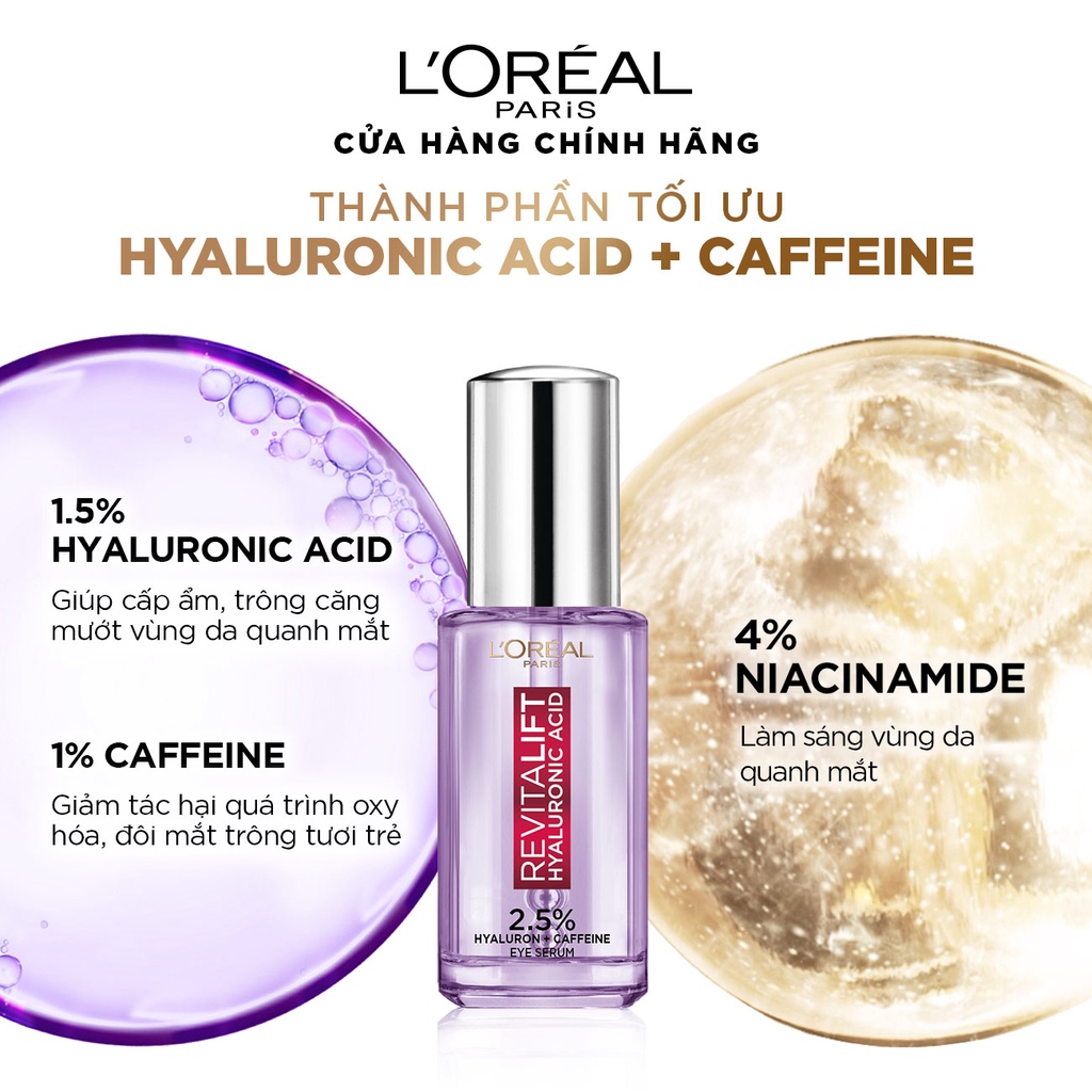 Serum L'Oreal Giảm Bọng Mắt &amp; Làm Đầy Rãnh Nhăn 20ml Revitalift 2.5% Hyaluronic Acid + Caffeine Eye Serum