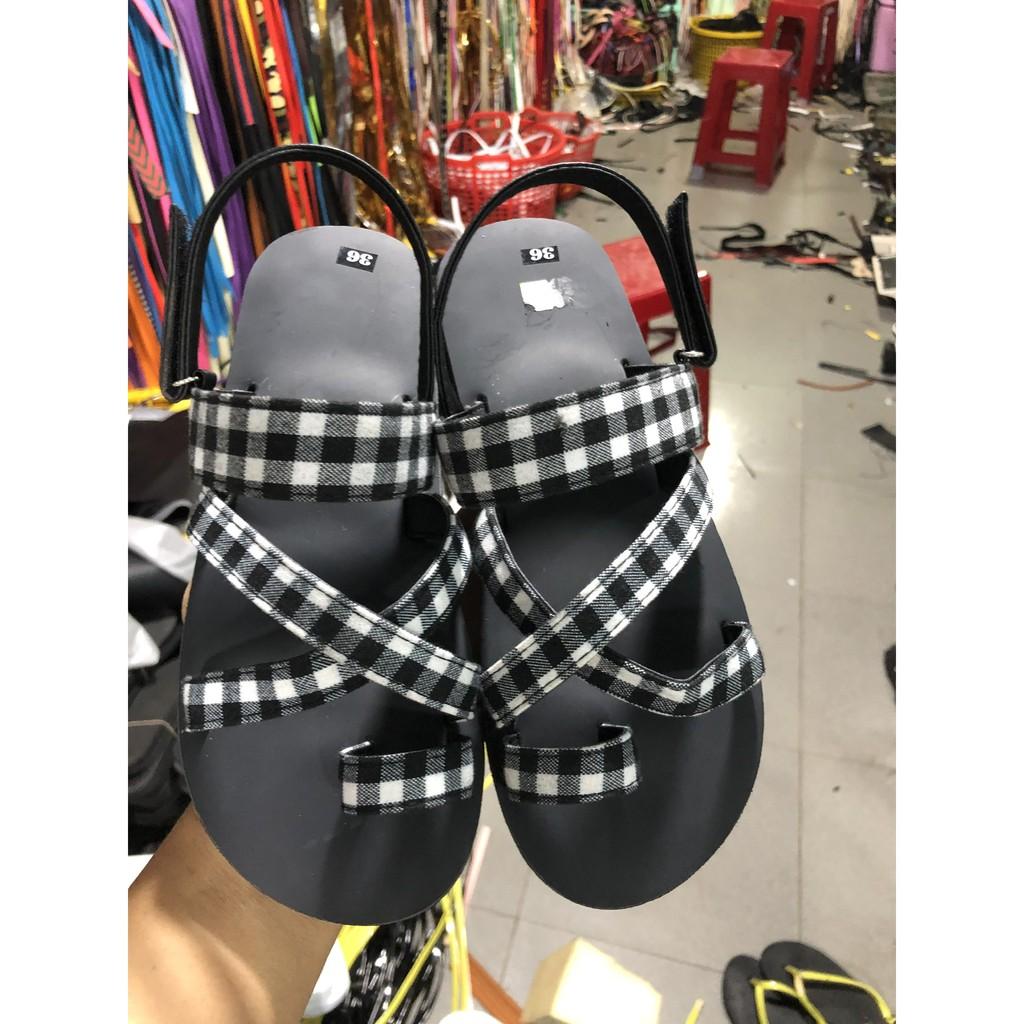 xăng đan nữ sandal đồng nai đế đen quai ca rô