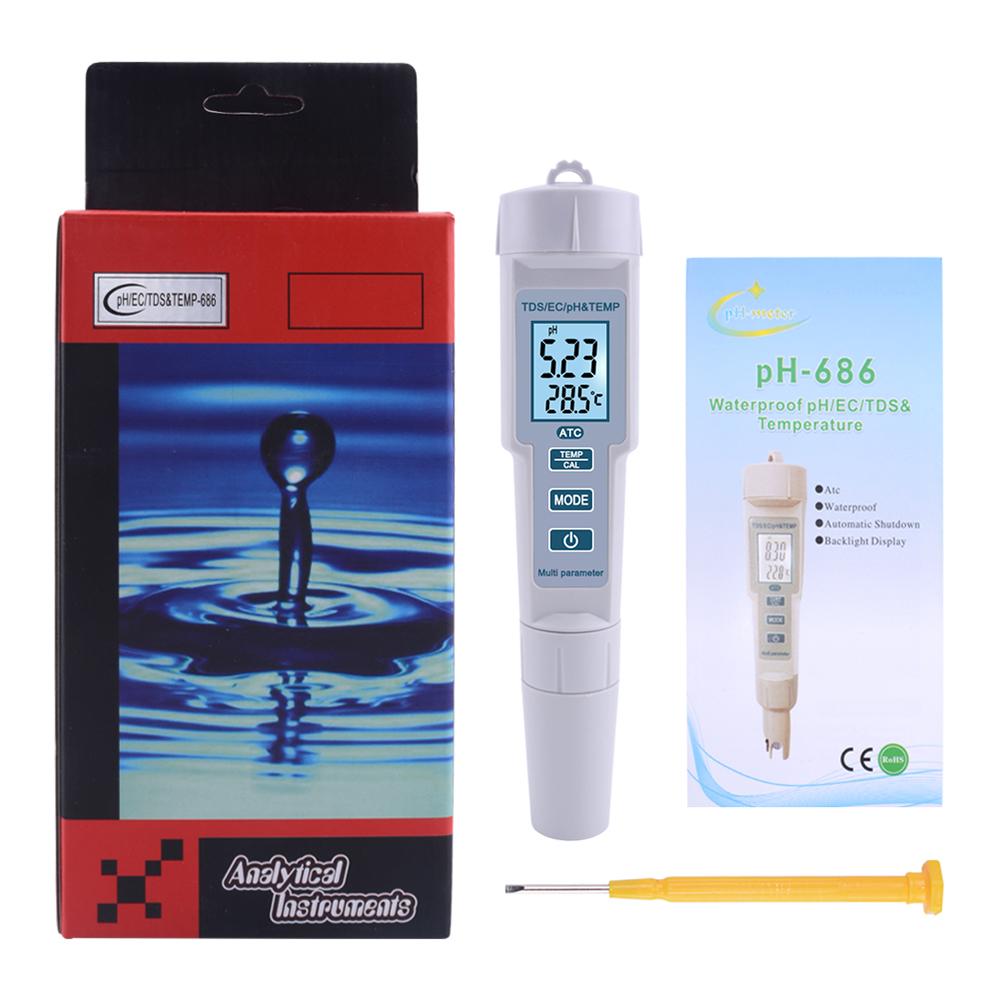 4 in 1 PH/EC/TDS/Temp Meter Water Quality Test Meter High Accuracy Measurement Range LCD Display Measure Tool for