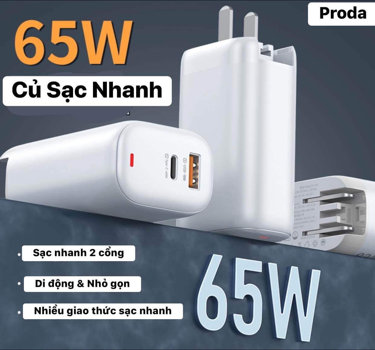 Củ Sạc Nhanh 65W Proda Remax 2 Cổng Sạc/Sạc Nhanh Cho Laptop/Ipad/Samsung/Oppo/Vivo..-Hàng Chính Hãng