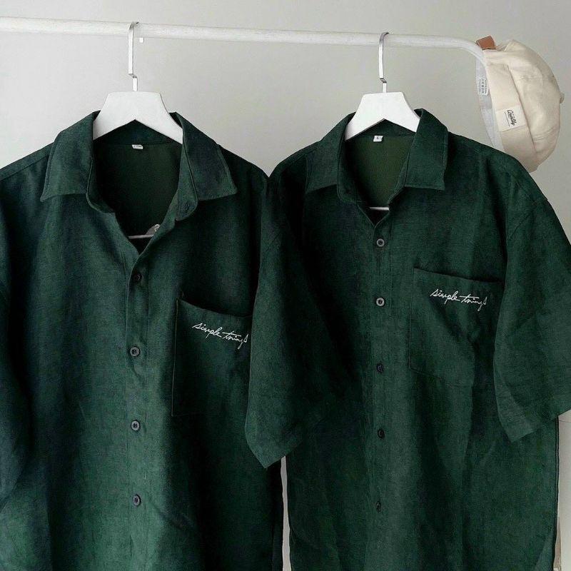 Áo sơ mi Xanh Rêu tay lỡ form rộng unisex nam nữ thêu chữ Simple things thích hợp mặc cặp chất Da lộn cao cấp