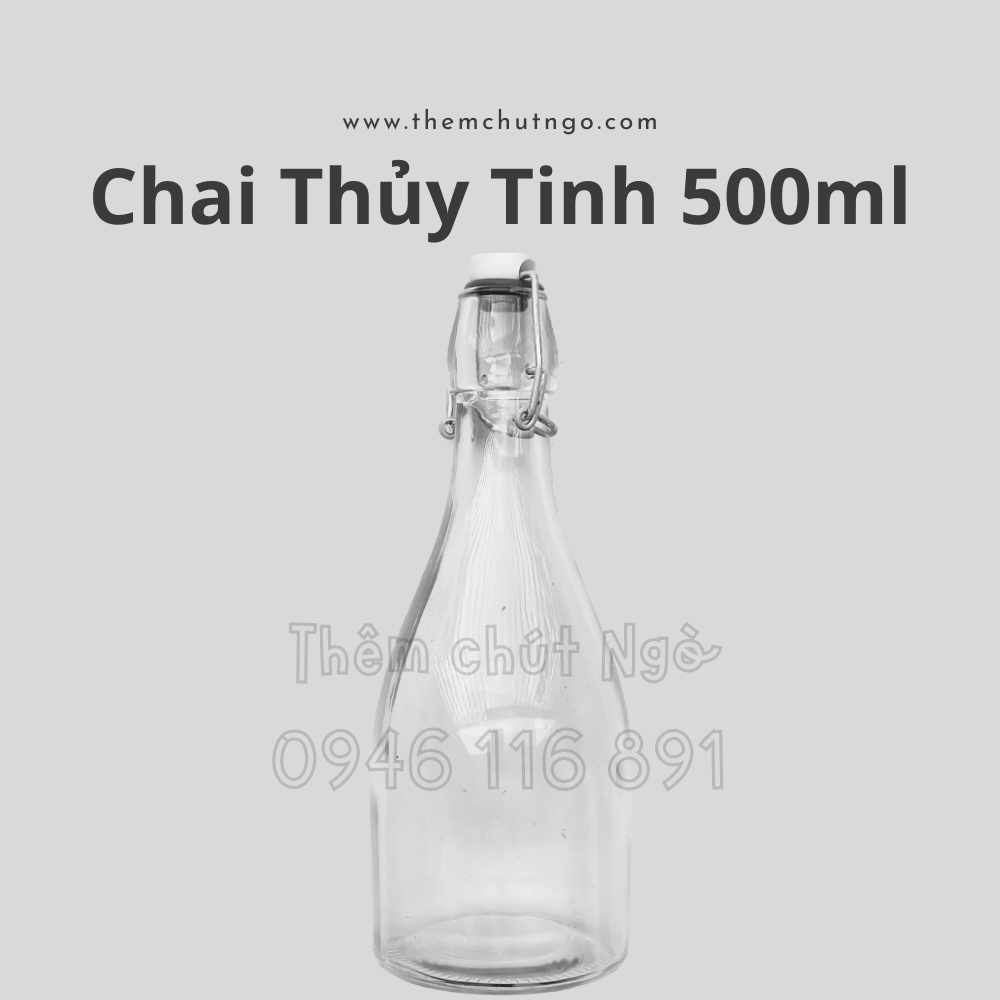 Chai thuỷ tinh nắp gài dáng lùn 500ml, chai thuỷ tinh nắp cài, chai gọng sắt