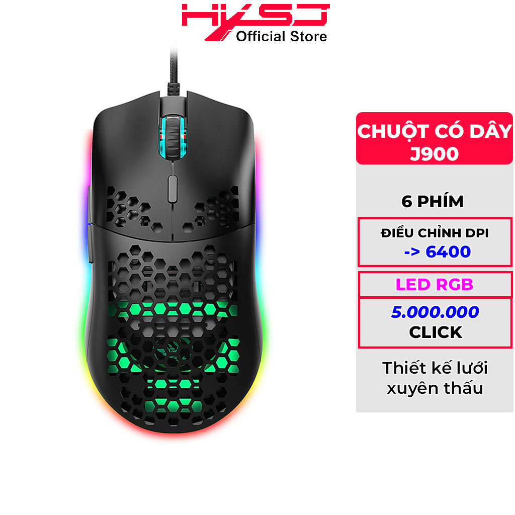 Chuột chơi Game HXJS J900 RGB Lead đổi màu Bề Mặt Lưới Xuyên Thấu Cực Đẹp DPI 6400 chuyên dành cho Game thủ - HÀNG CHÍNH HÃNG