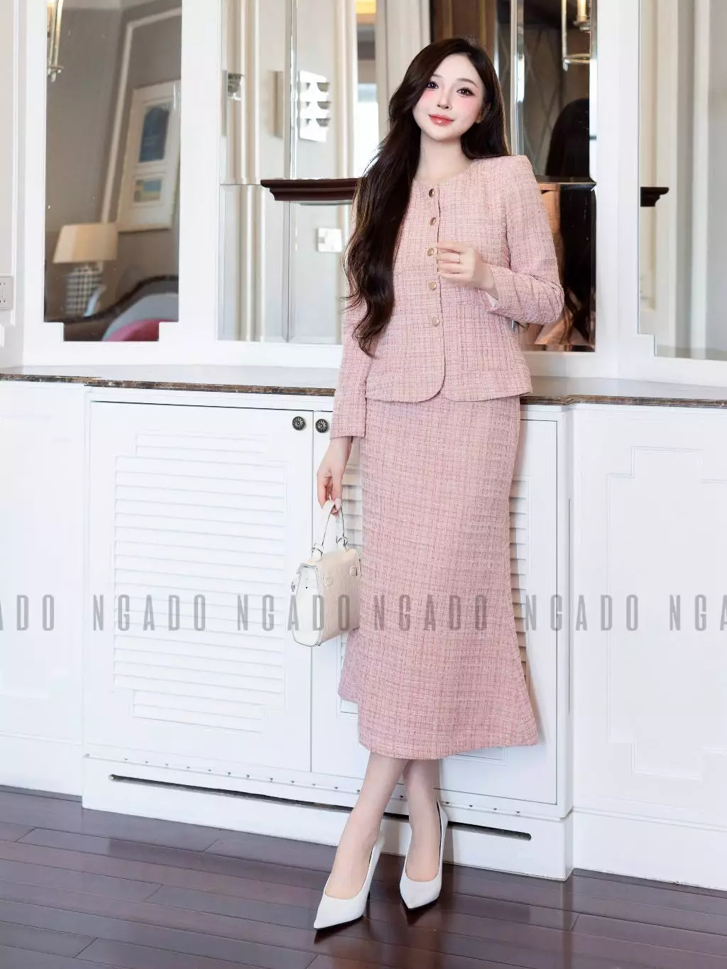 Set áo váy tweed hồng NGADO , set áo kèm chân váy đuôi cá